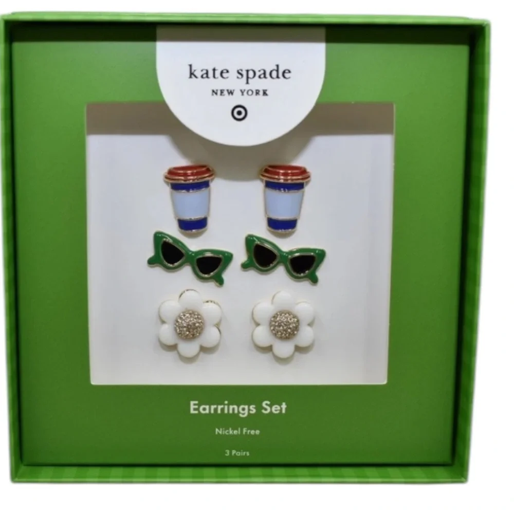 Kate Spade x Target Stud Earrings Set Sunglasses Flowers Coffee Cups 3 Pairs
